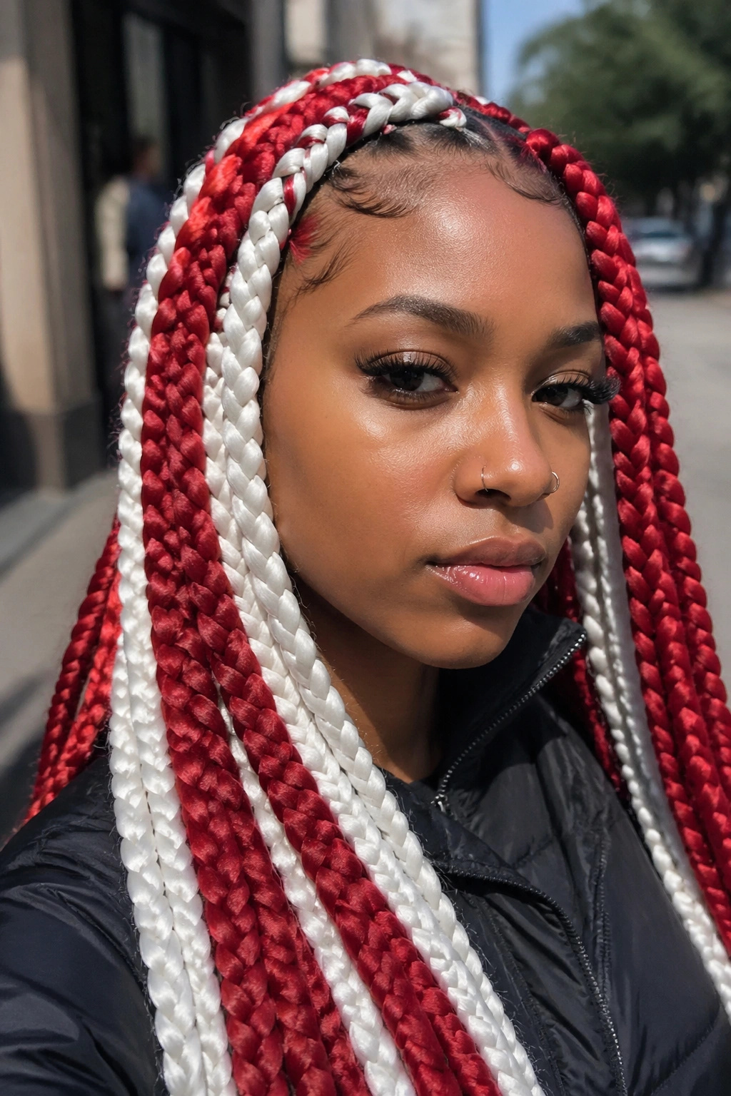 Portrait of a real woman with jumbo red and white box braids in bold color blocks.