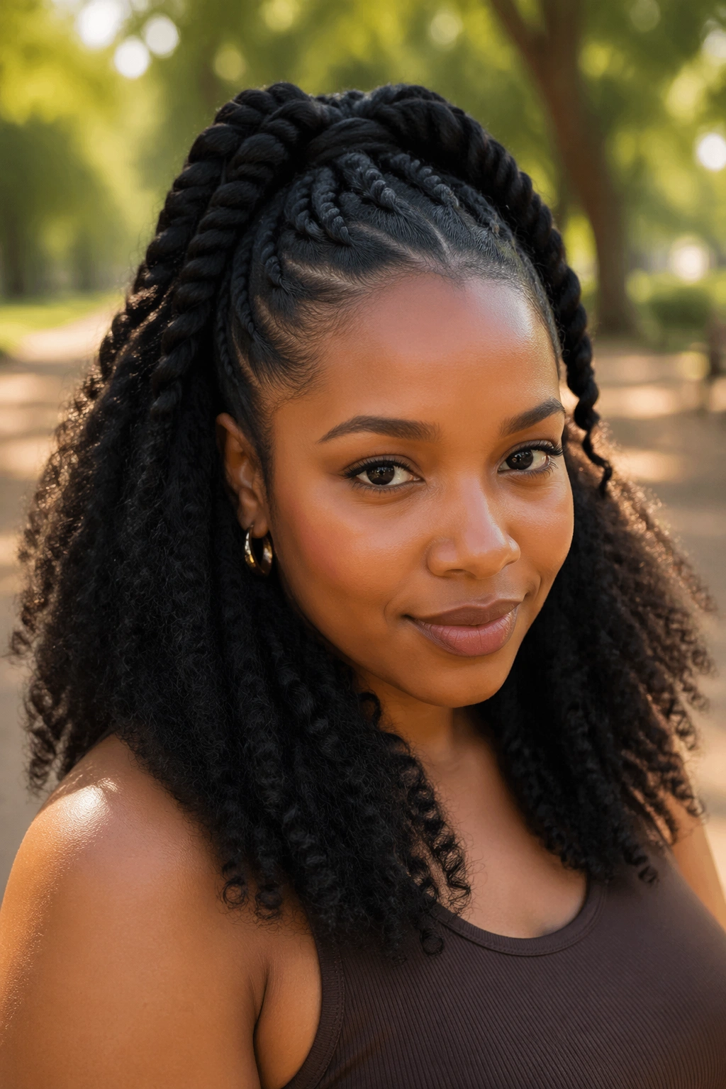 Jumbo rope twist half up half down on a real Black woman in park lighting.