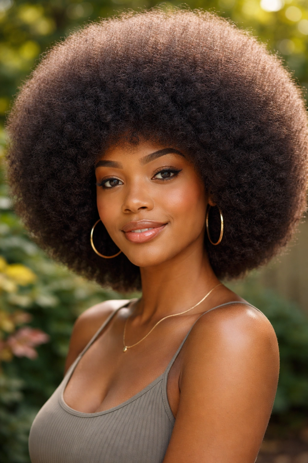 Real person with a jumbo round afro and soft edge fringe filling the frame