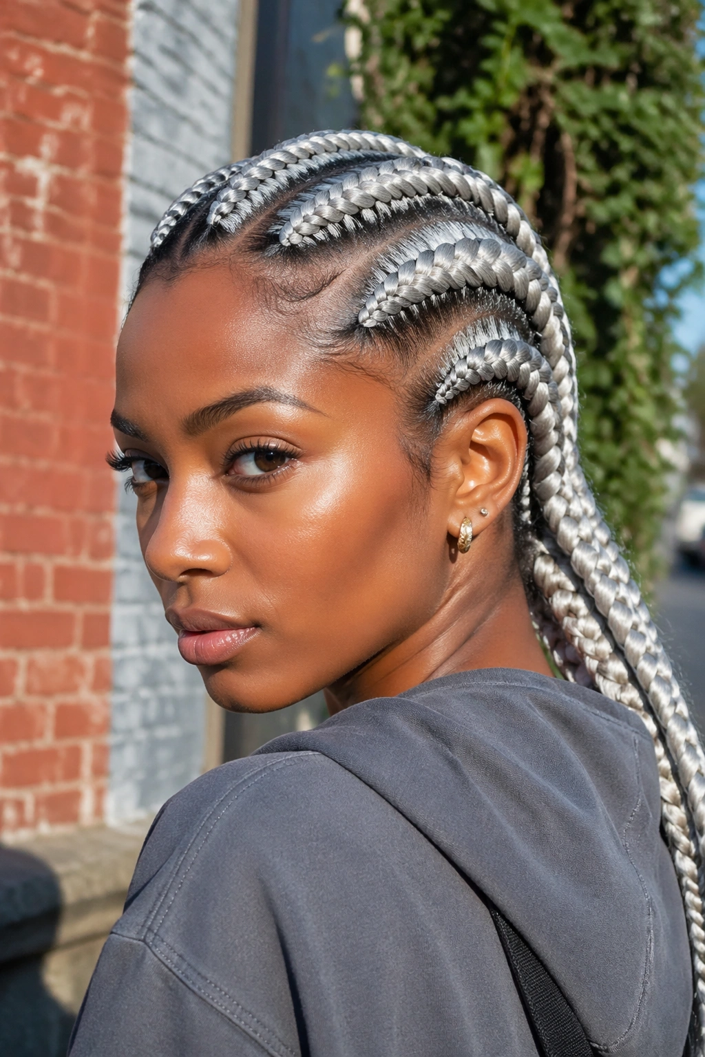 Real person with five jumbo silver cornrows across the head in daylight.