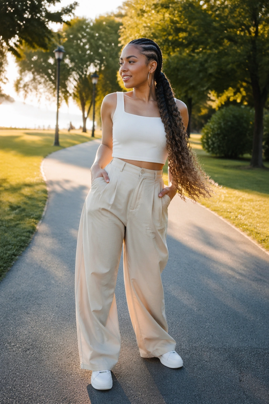 Hero shot of jumbo stitch braid ponytail in park.