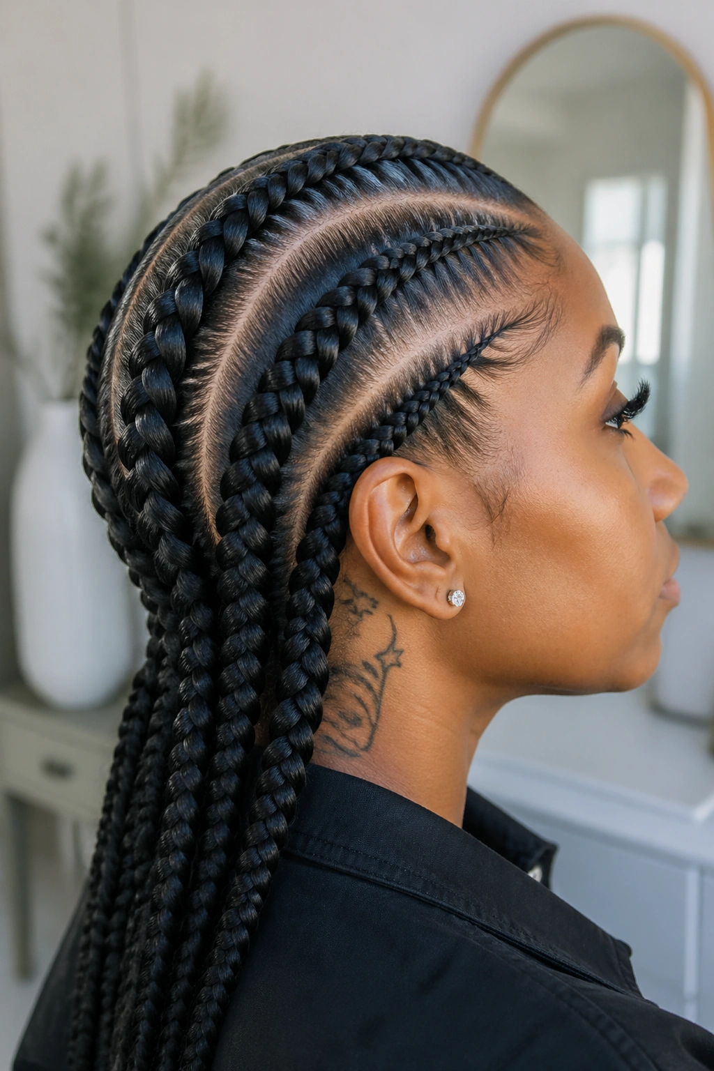 Close-up of a real woman with four jumbo straight back cornrows in a bright room