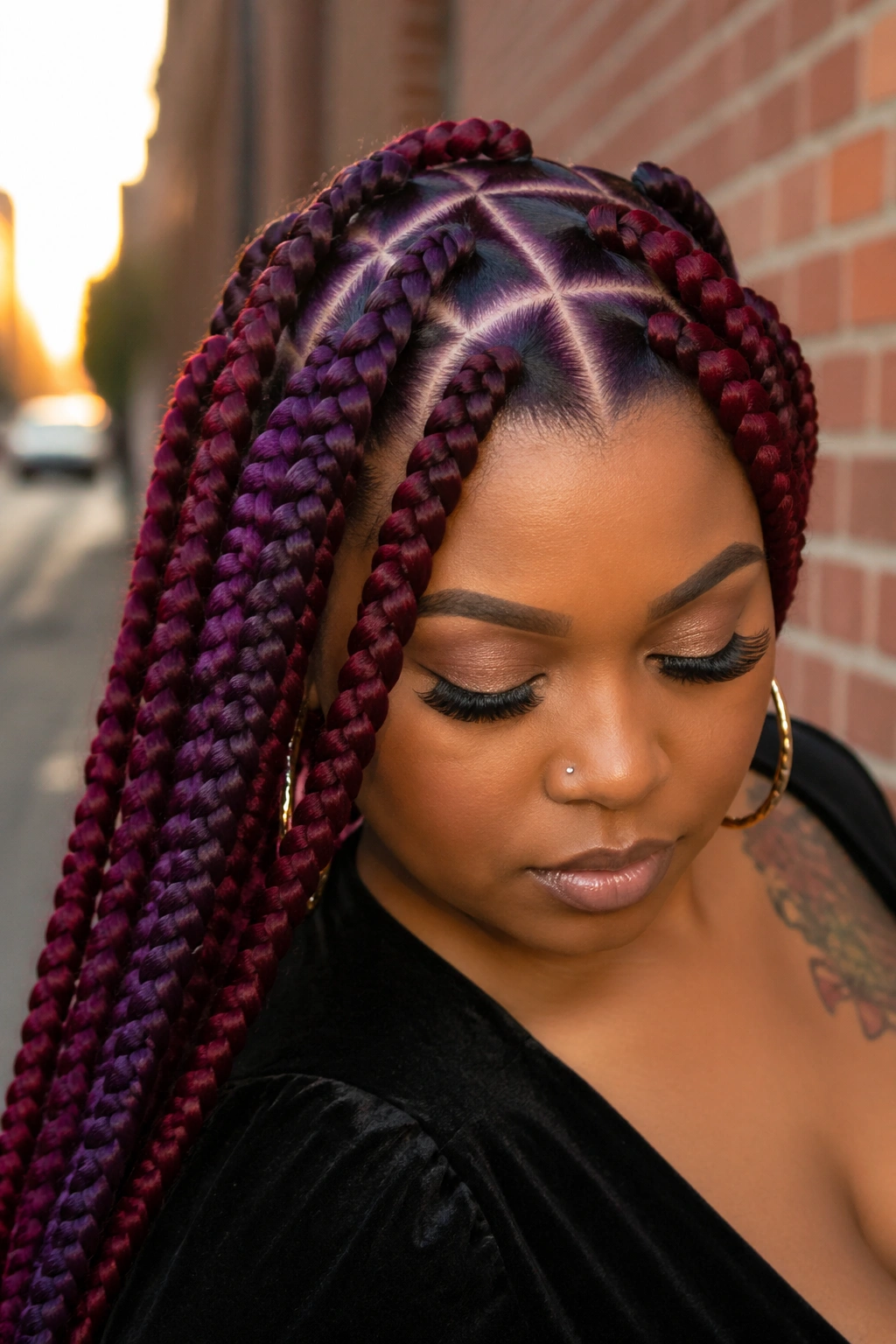 Close-up of a real person with jumbo box braids and triangle parts in wine plum crimson