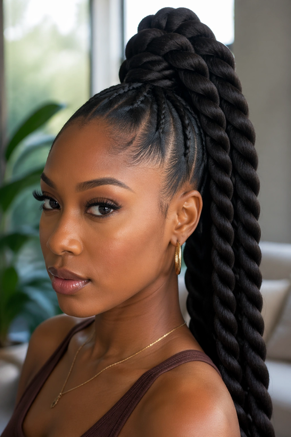 Close-up of a real woman with a jumbo twist ponytail featuring thick rope twists