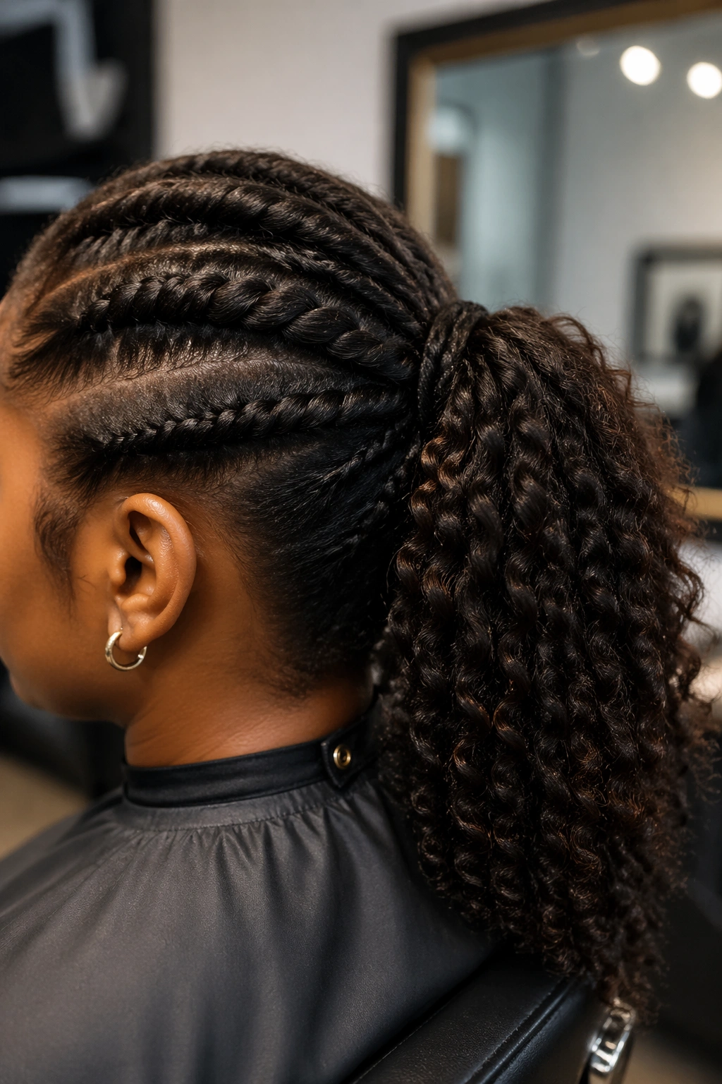 Close-up of jumbo twist mid ponytail in salon chair.