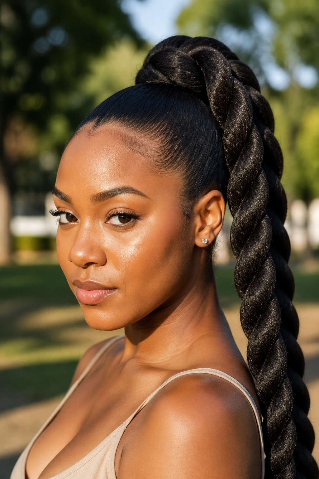 Close-up of a real woman with jumbo twists in a high ponytail outdoors