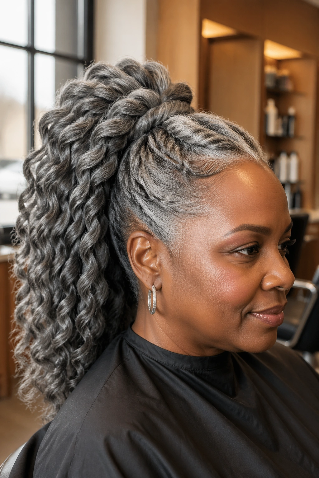 Close-up of a real Black woman with a jumbo twisted ponytail in a salon
