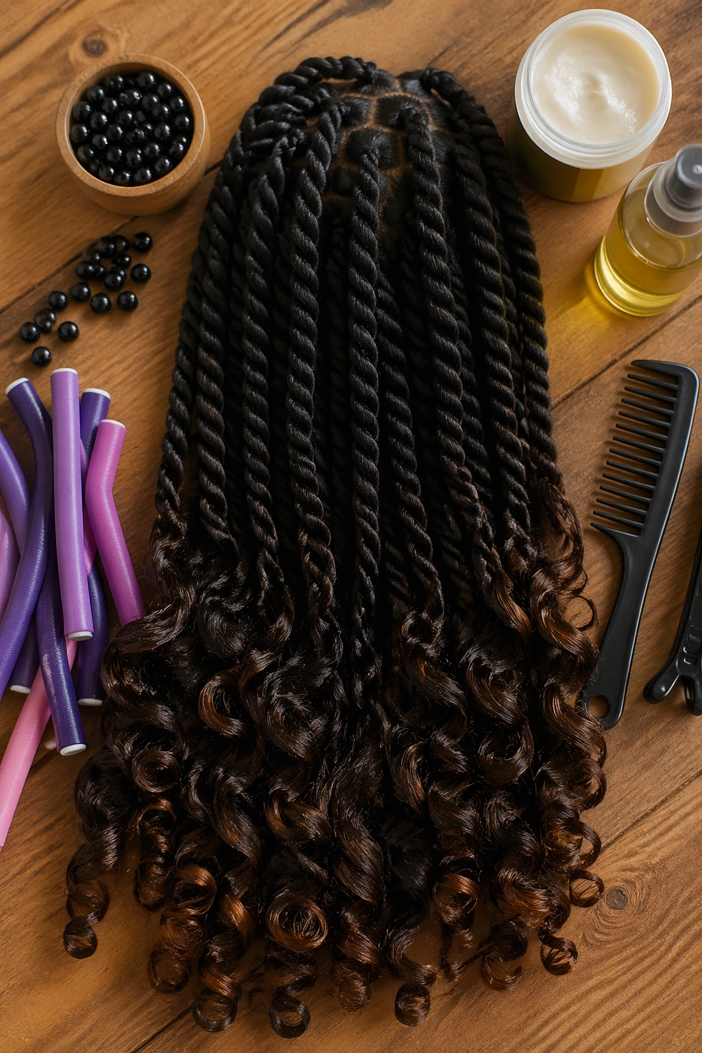 Overhead flat-lay of jumbo twist braids with curly ends and tools