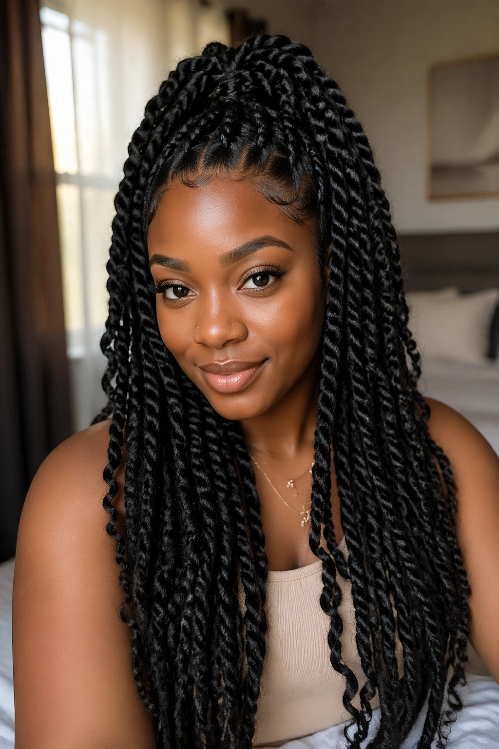 Close-up of a real woman with jumbo twists spilling into a half ponytail in a cozy bedroom