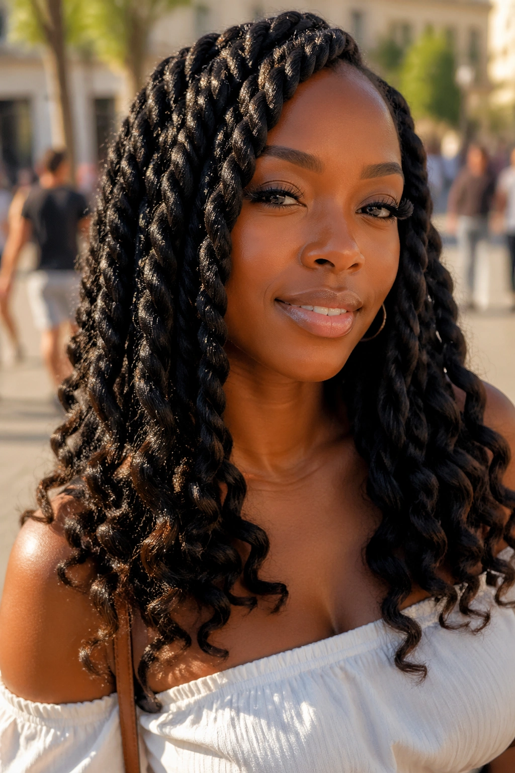 Real woman with jumbo twists ending in loose waves in an outdoor plaza