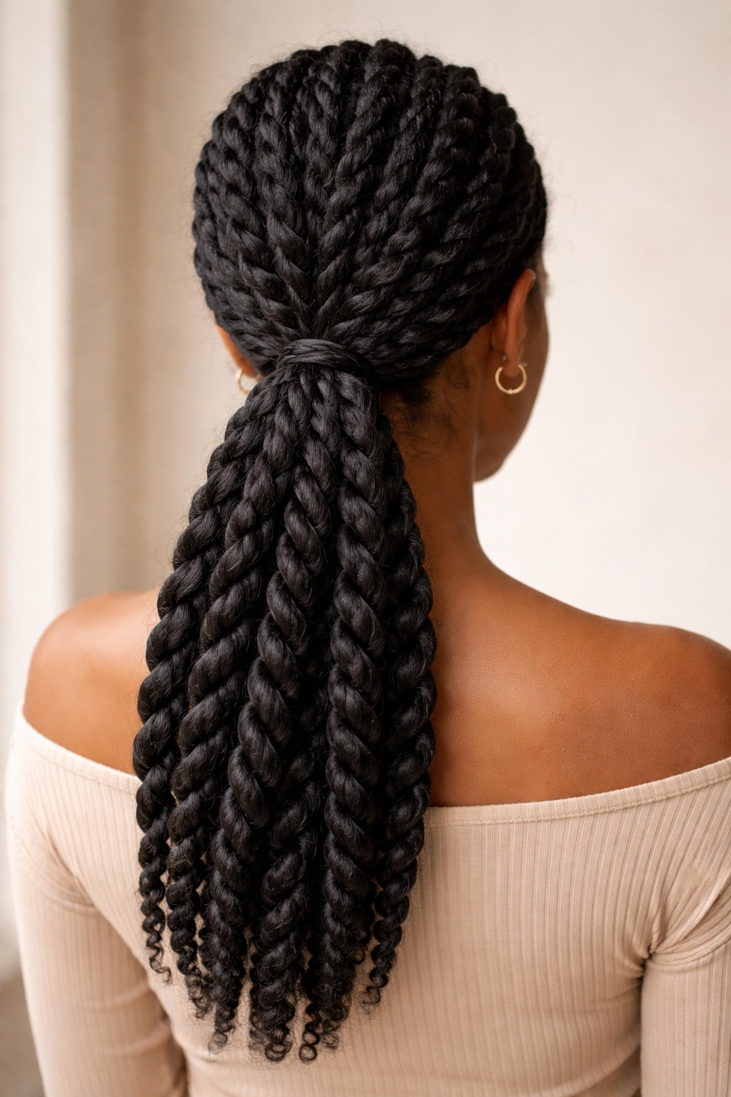 Back view of jumbo two-strand twists gathered into a low ponytail at the nape