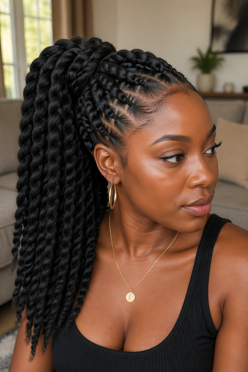 Close-up of a real woman with jumbo twists in a thick natural hair ponytail.