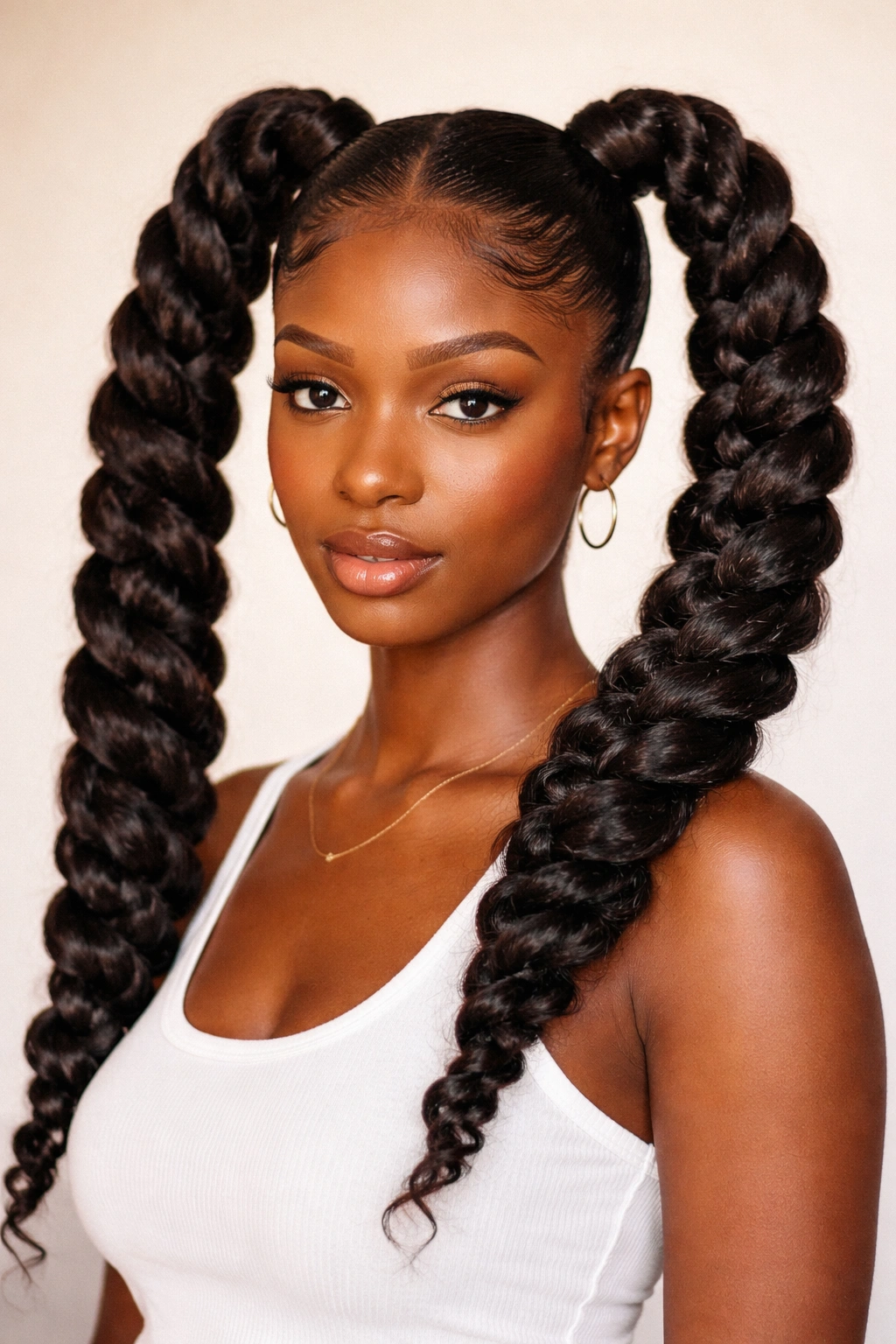 Front-facing shot of jumbo twists forming bold double ponytails