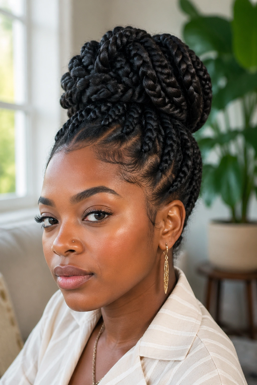 Close-up portrait of a Black woman with jumbo twists updo