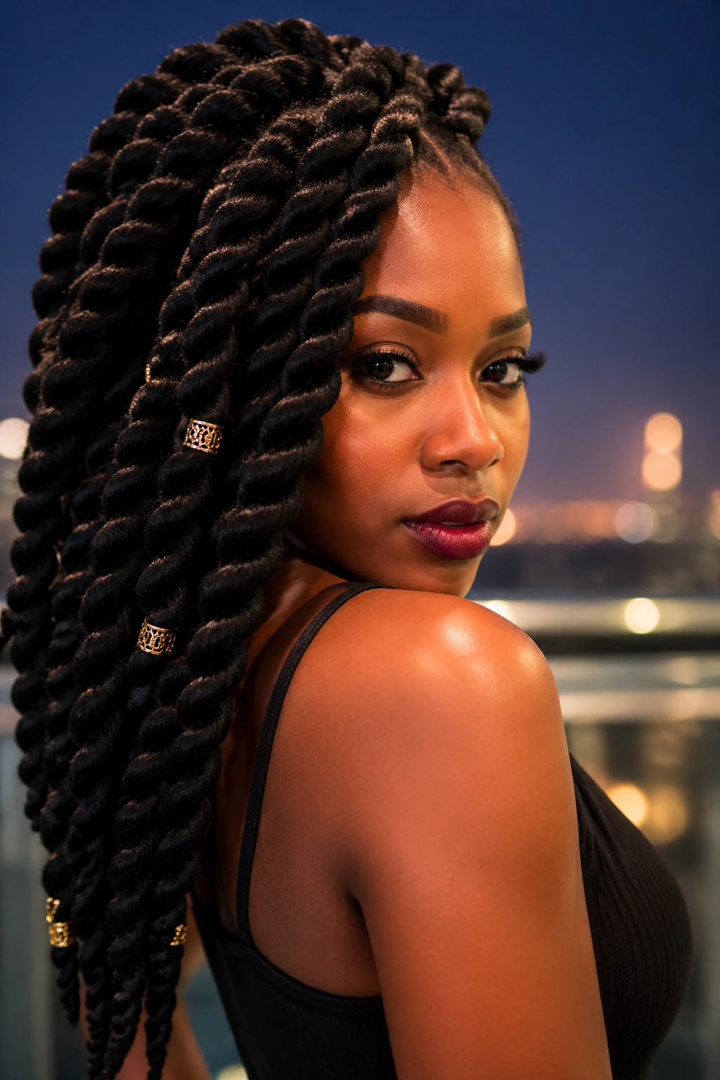 Close-up of a real woman with jumbo or yarn twists for a night-out look