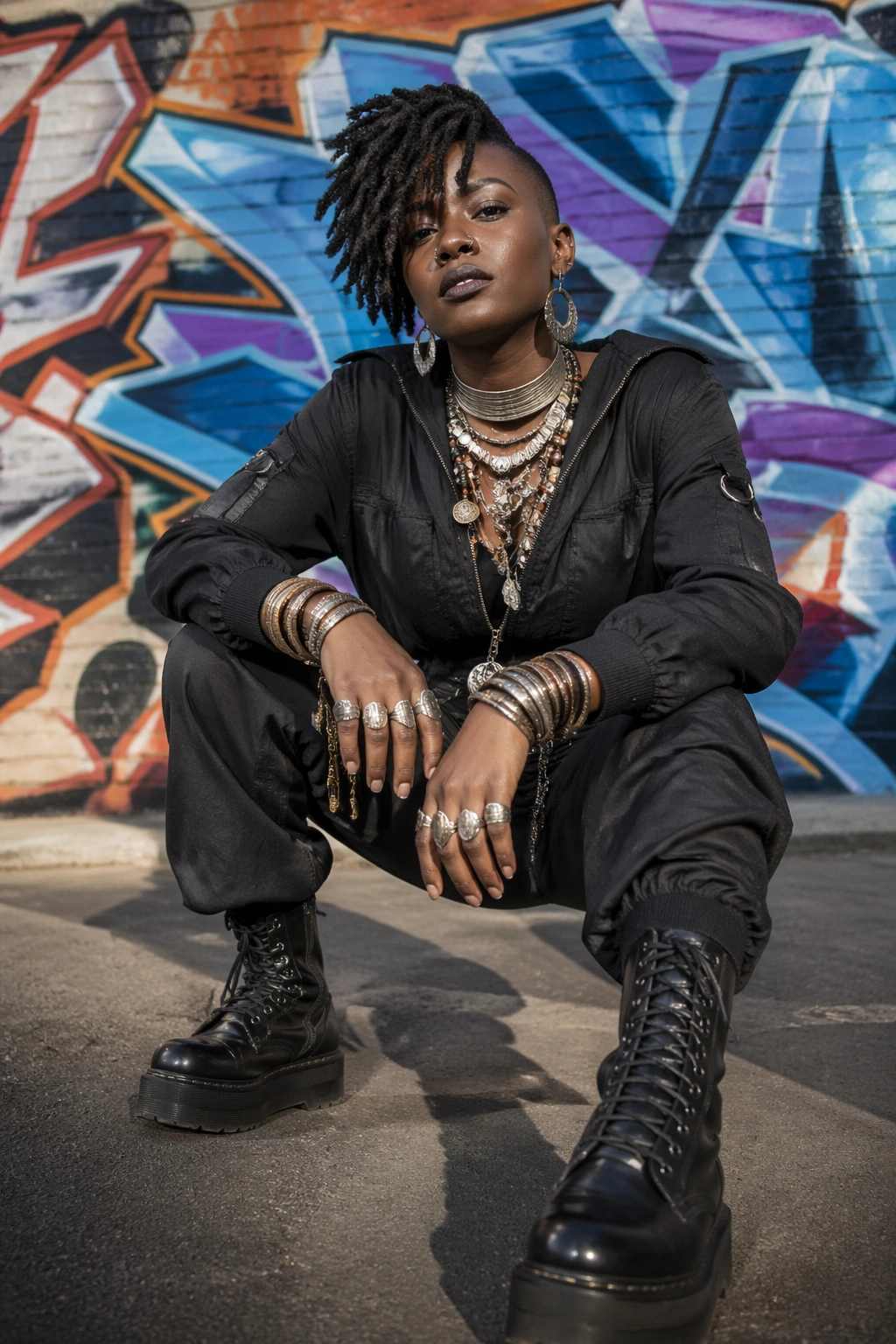 Portrait of a woman in a utilitarian jumpsuit with platform boots and layered jewelry.