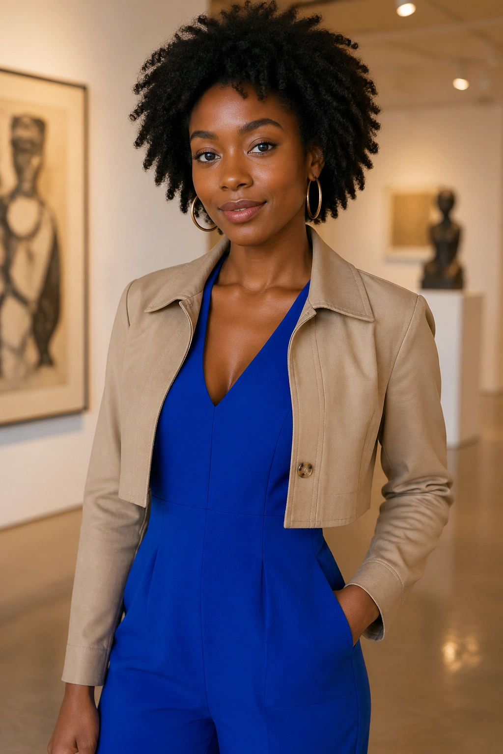 Close-up portrait of a woman in cobalt jumpsuit with beige cropped jacket and gold hoops in gallery lighting