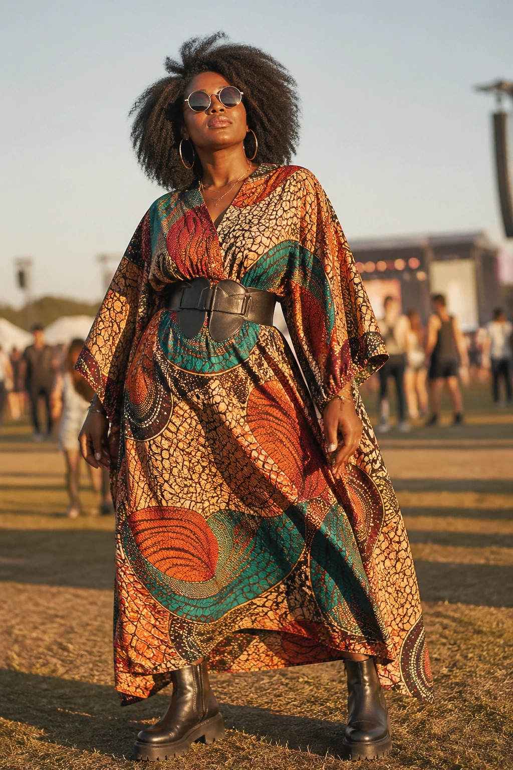 Real person in a wax-printed kaftan with a wide belt and platform boots at an outdoor festival
