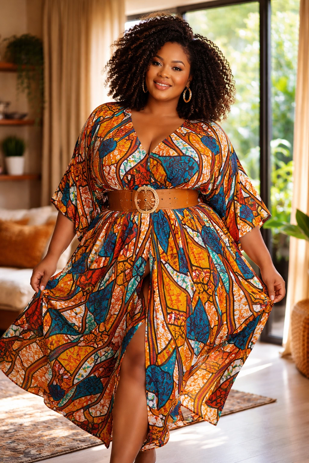 Plus-size woman in belted kaftan belt in stylish interior