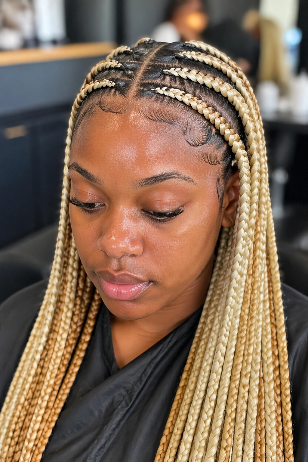Close-up of a person wearing blonde kanekalon extensions in a salon