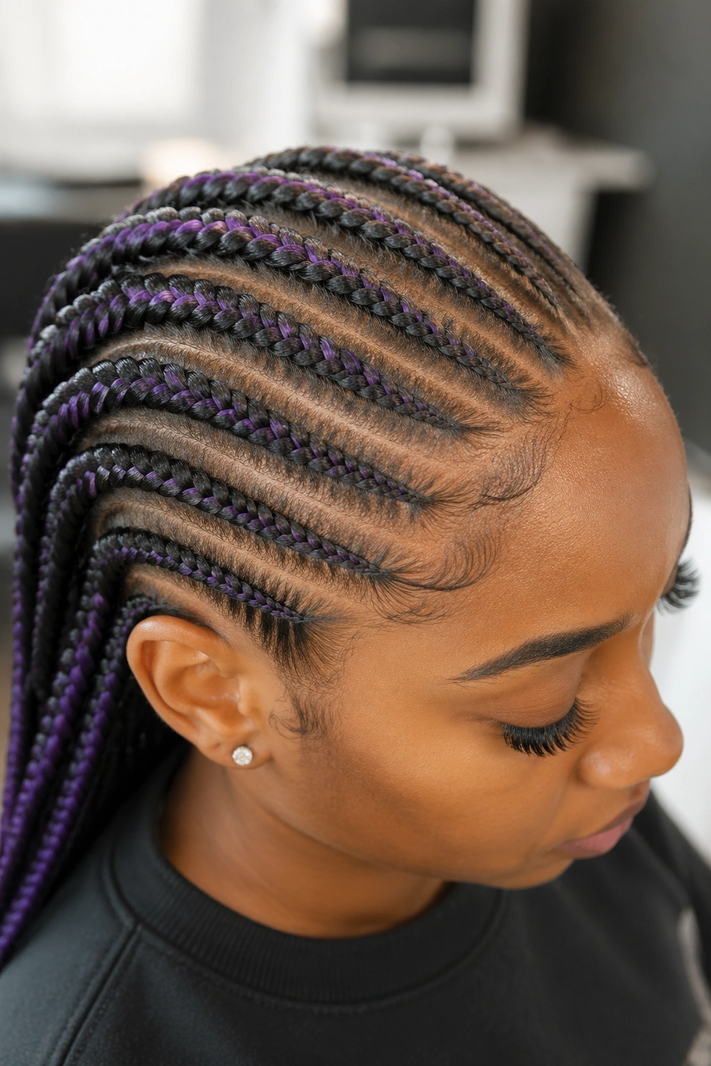 Close-up of head with Kanekalon hair strands in accent color matching natural base