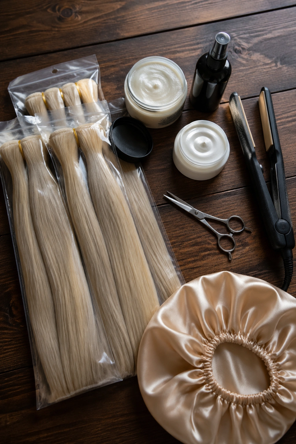 Top-down arrangement of hair tools and products for stitch cornrows.