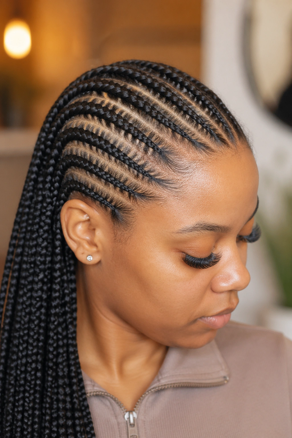 Close-up of Kanekalon extensions matched to natural hair in knotless braid