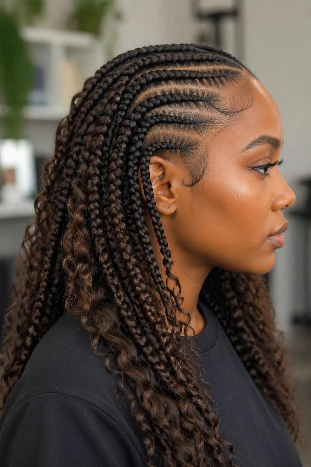 Real person with Kanekalon extensions blended into natural hair