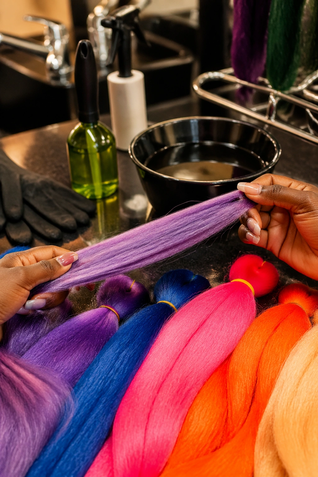 Macro close-up of colorful kanekalon fibers prepared for installs