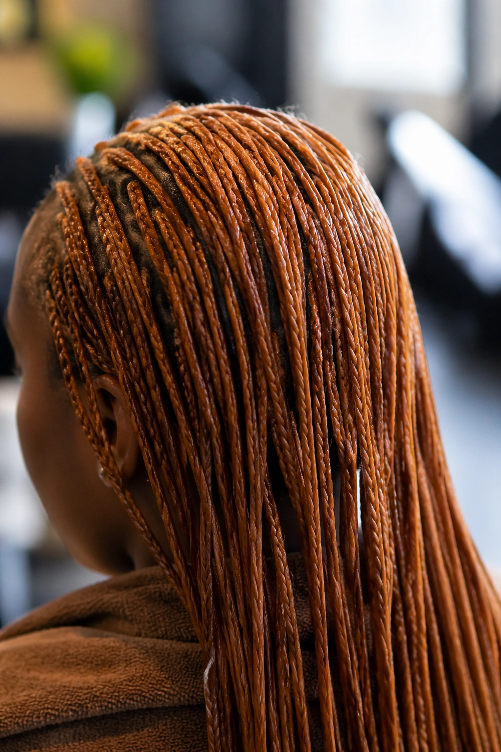 Close-up of a real person's head with damp ginger kanekalon prep strands.
