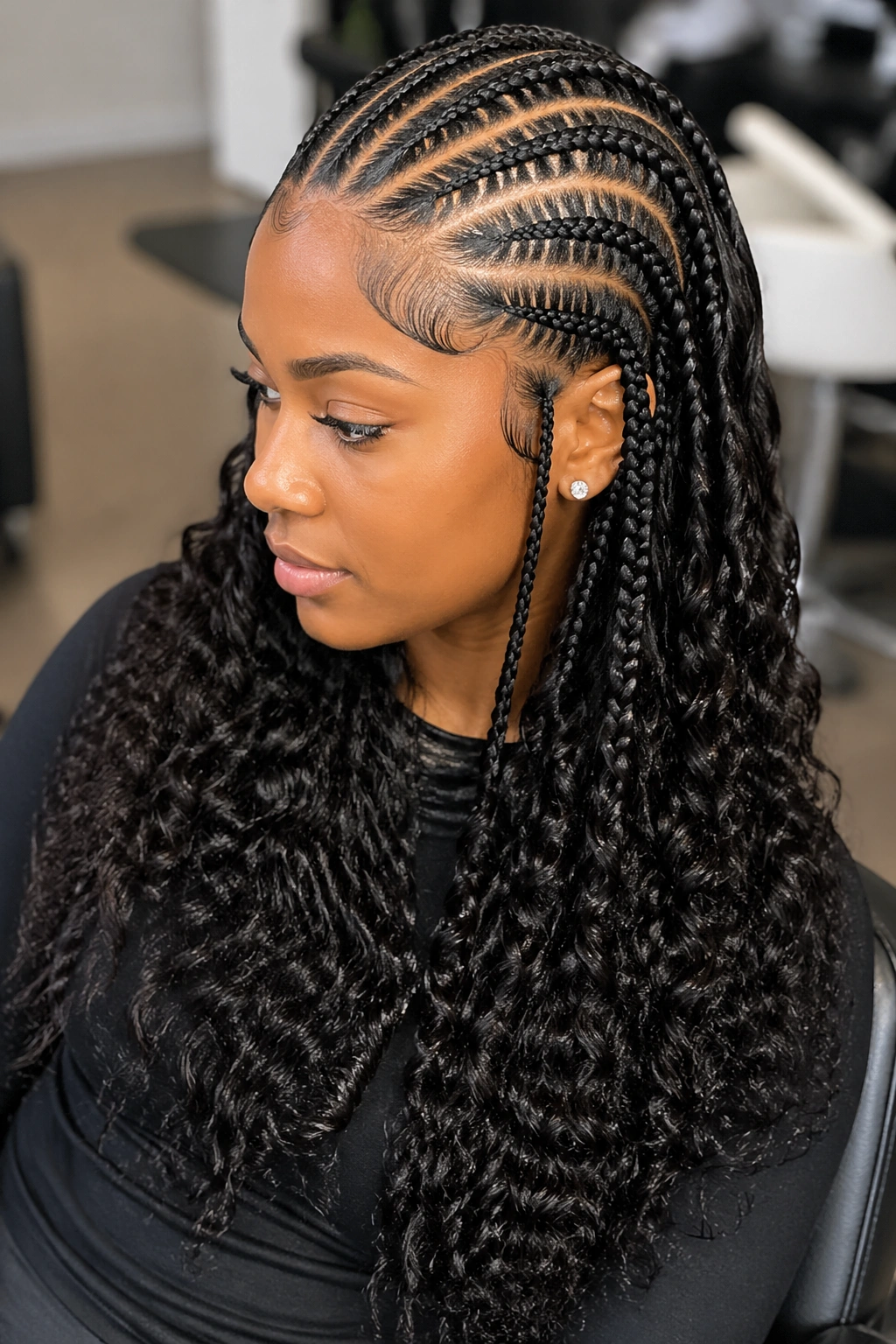 Close-up of goddess cornrows showing pre-curled kanekalon ends on a real person.