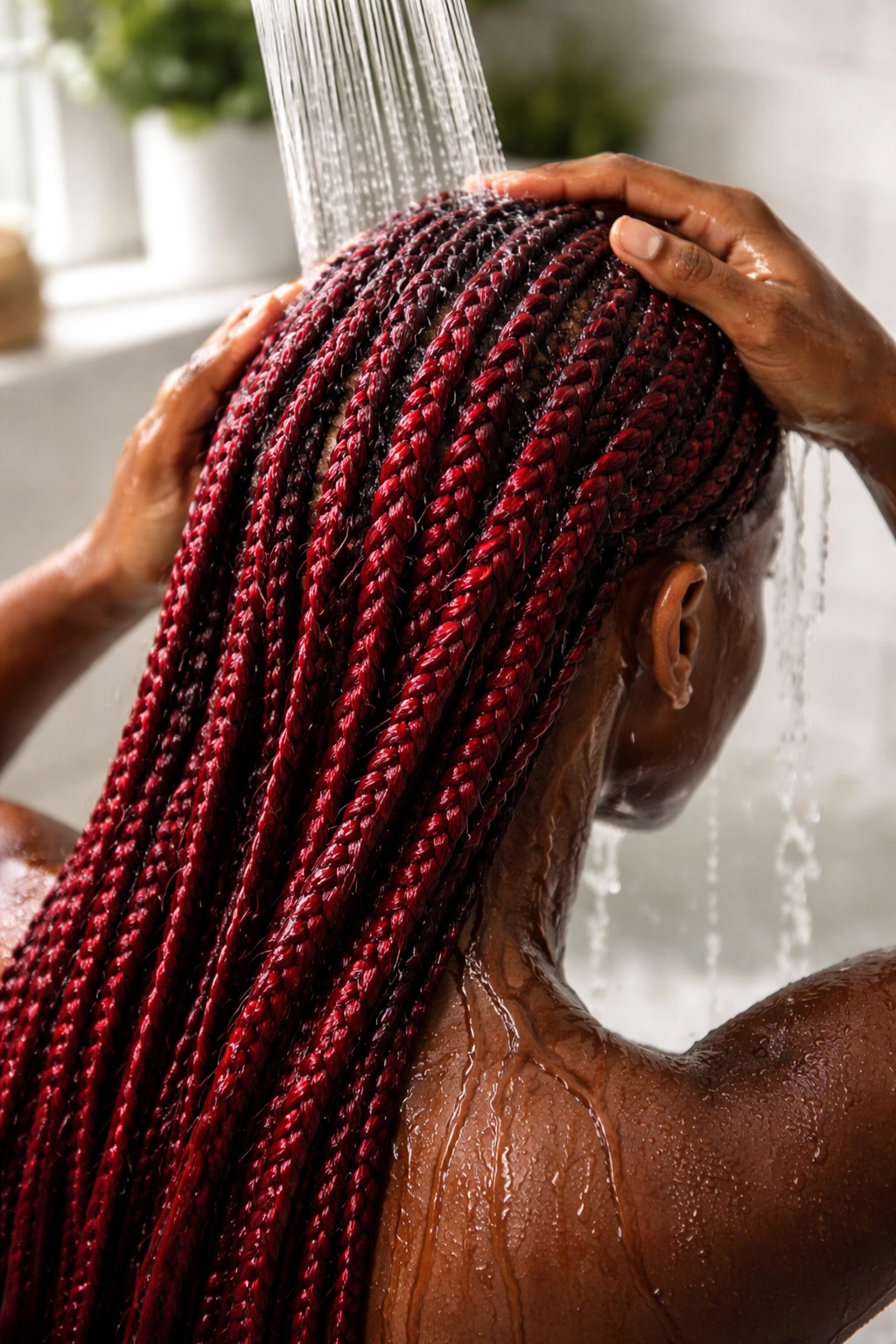 Close-up of rinsing burgundy kanekalon cornrows in a bathroom
