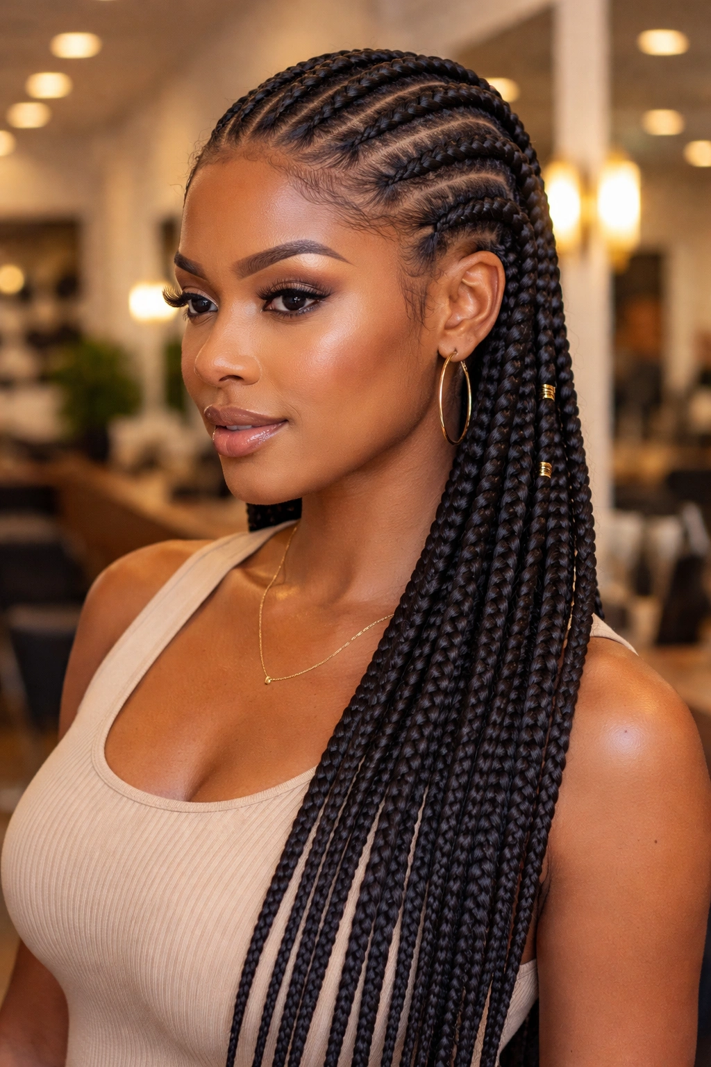Close-up of real person with sleek cornrows using premium Kanekalon extensions.