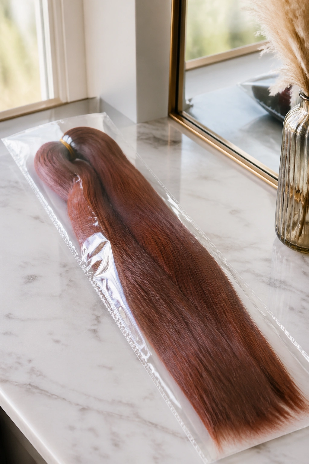 Close-up of kanekalon hair pack on a clean vanity surface under natural light
