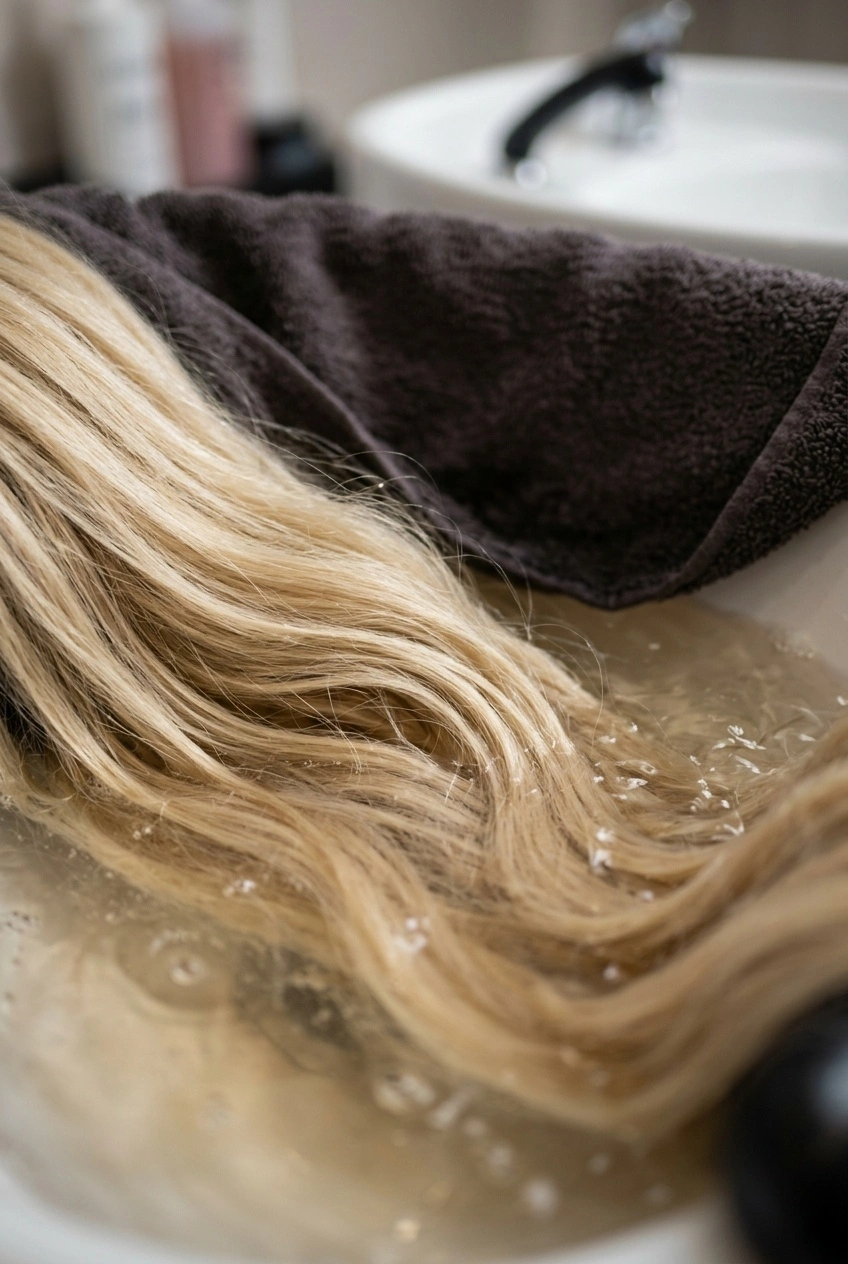 Blonde kanekalon fibers being pre-washed in warm water.