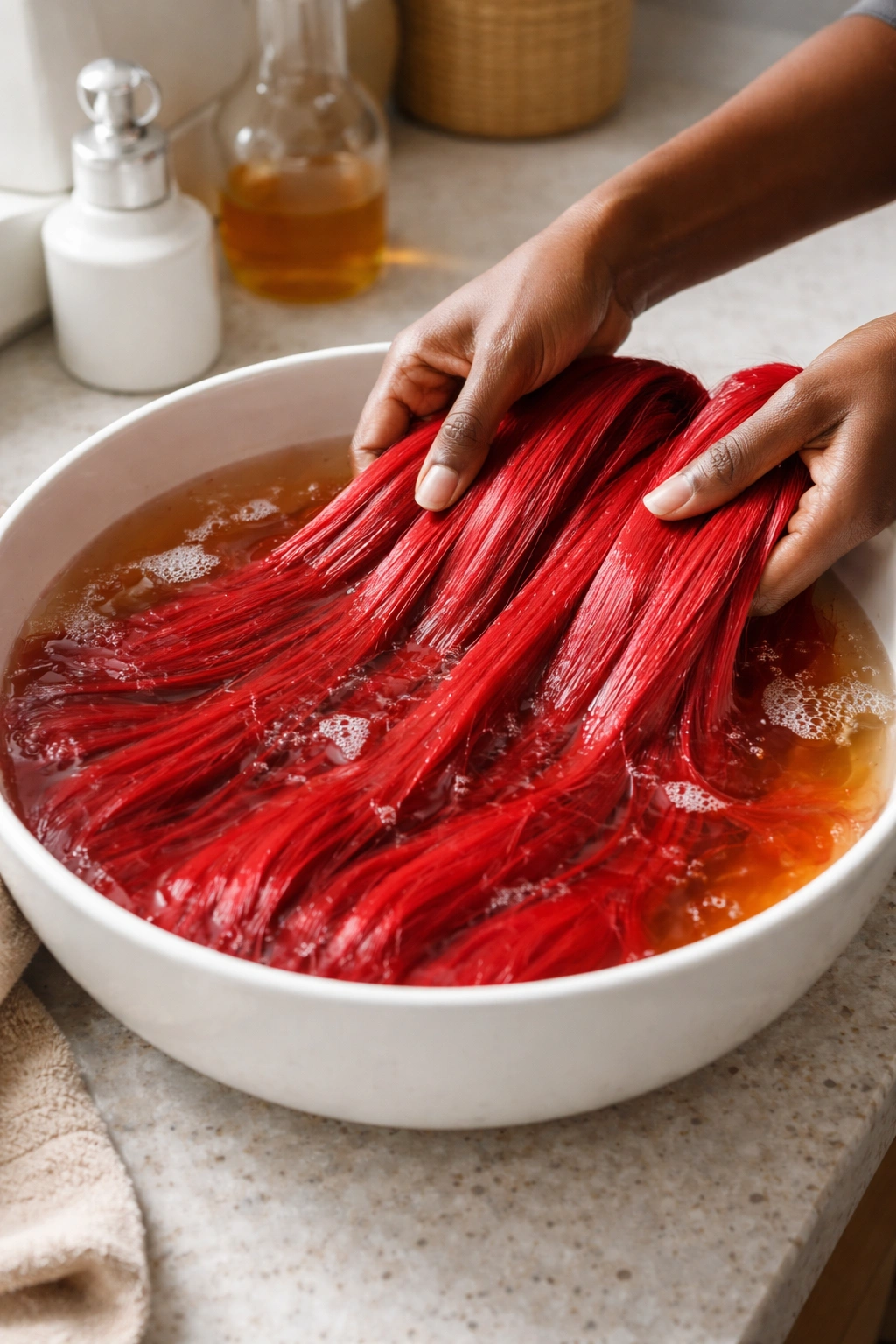 Kanekalon hair soaking in apple cider vinegar solution