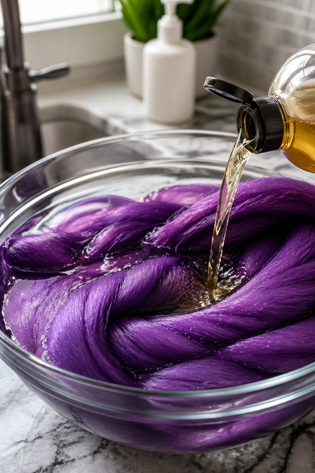 Purple kanekalon hair soaking in water with apple cider vinegar in a bathroom setting