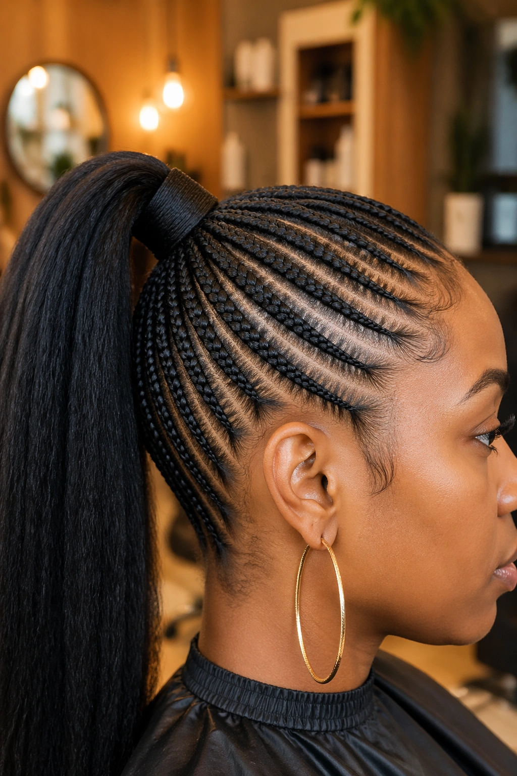 Profile view of cornrow ponytail with Kanekalon wrapped base