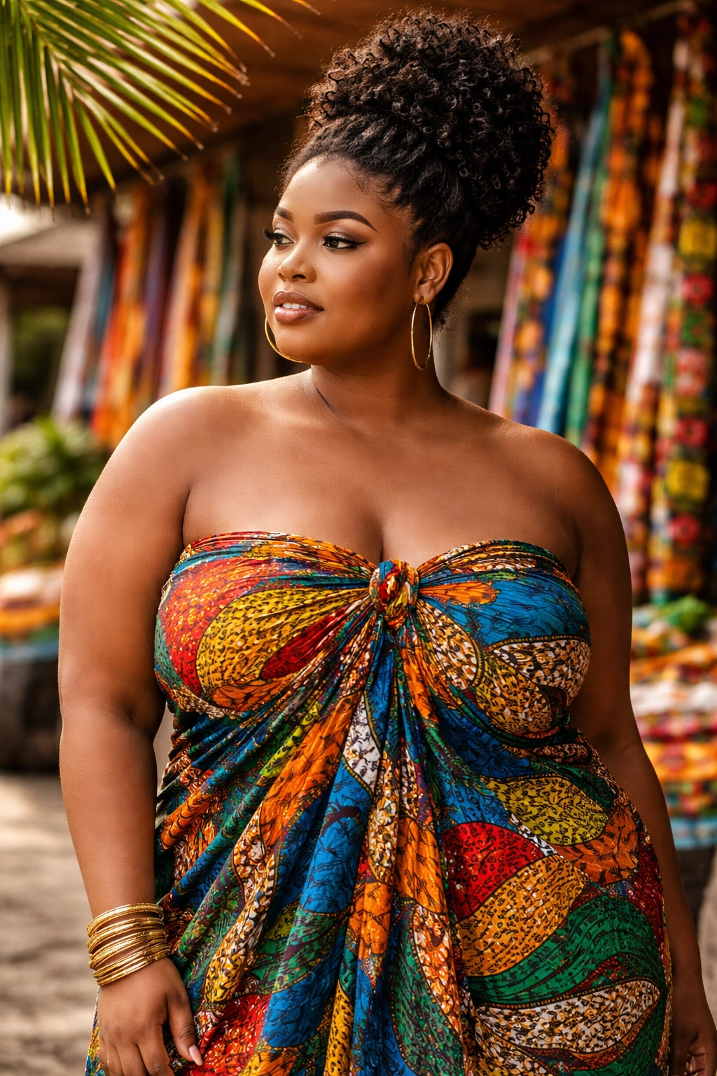 Plus-size model wearing a kanga wrap in market setting