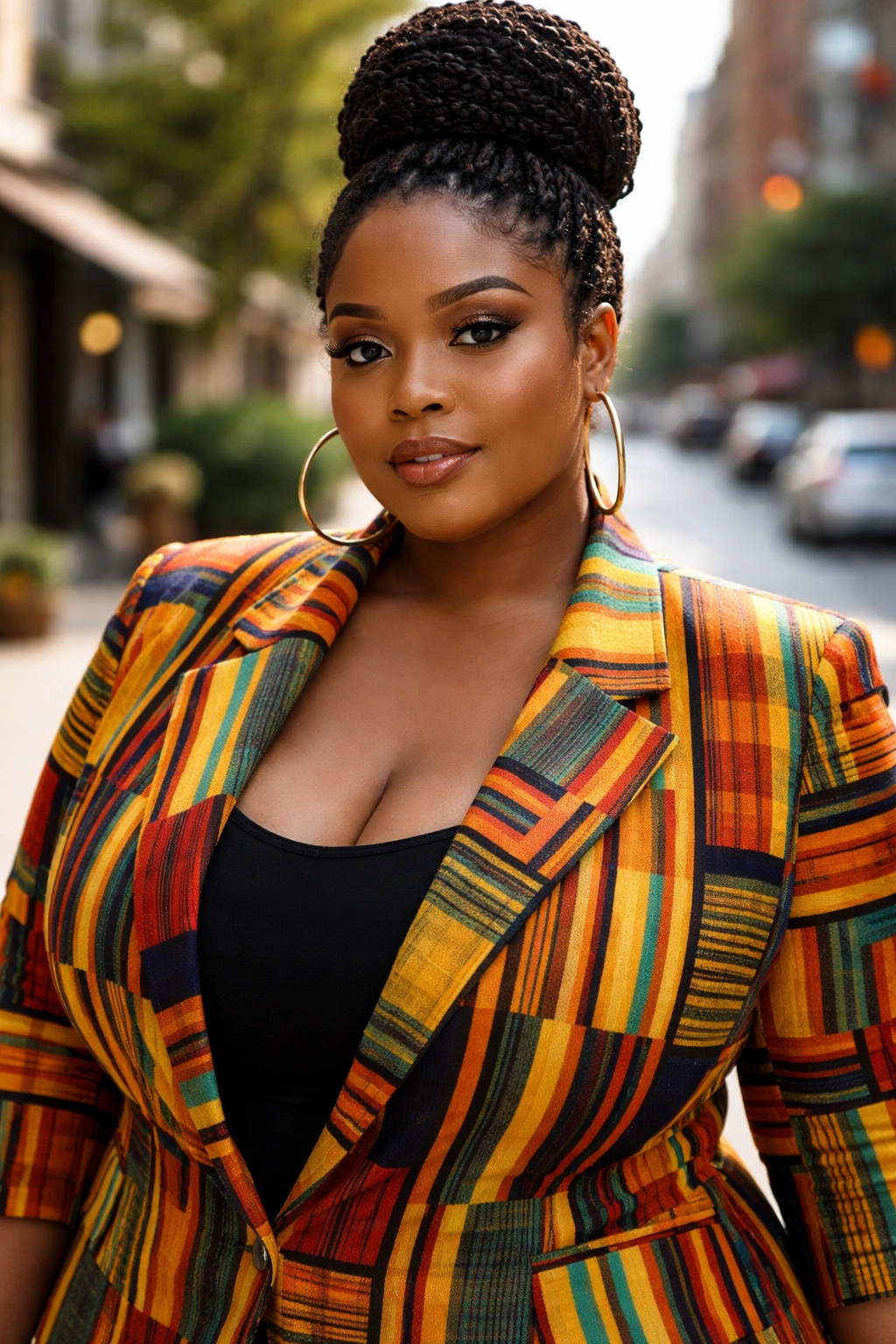Plus-size woman in Kente-striped blazer in urban daylight