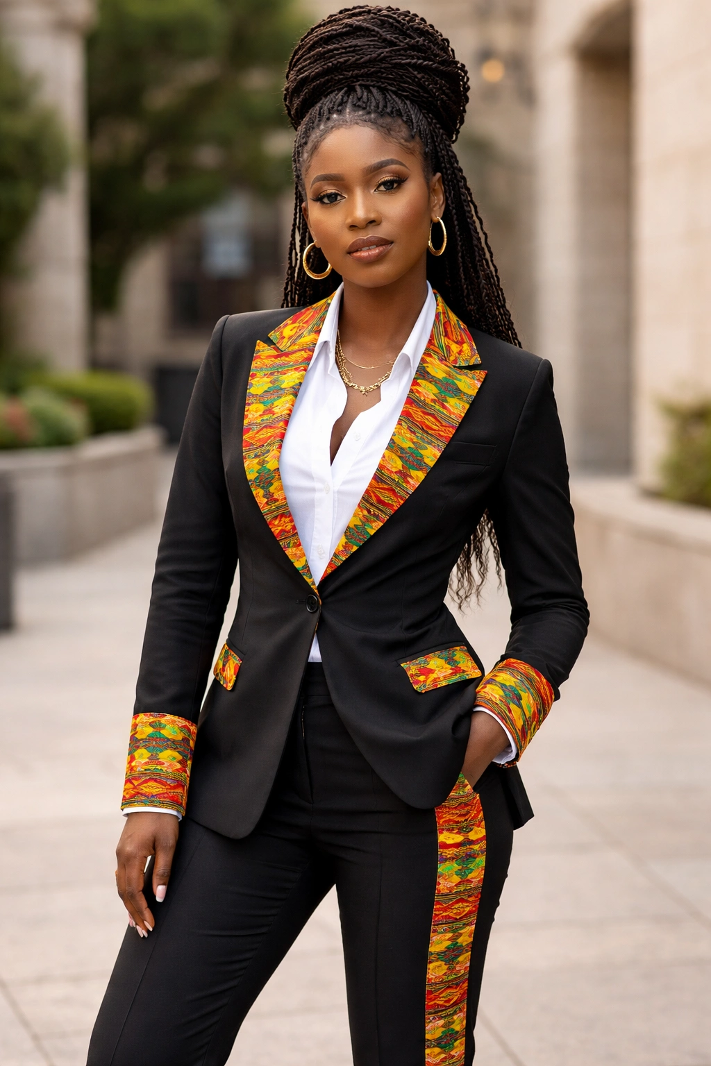 Portrait of a person in blazer with Kente trim and matching trousers outdoors
