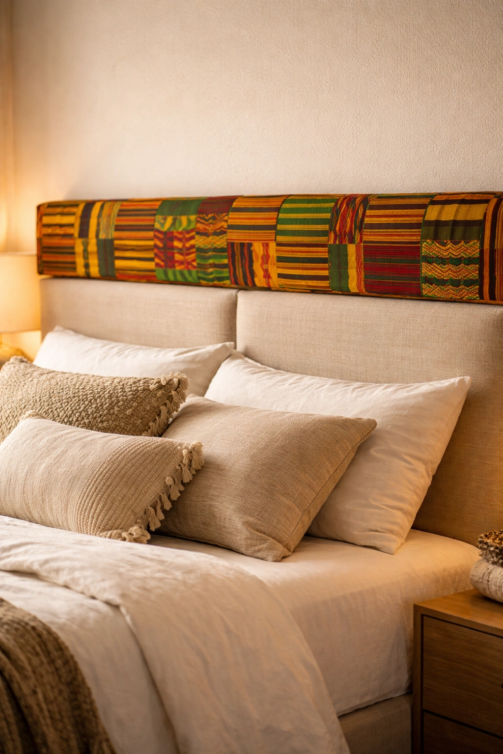 Kente fabric draped over headboard behind a bed.