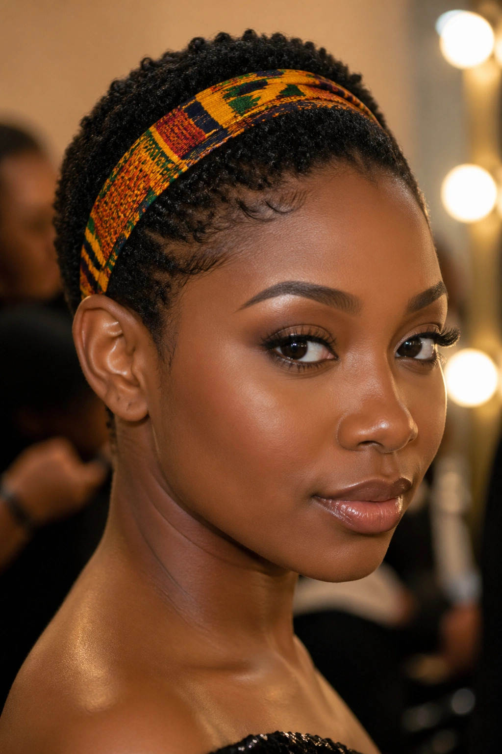 Real woman with short natural hair and Kente-patterned headband