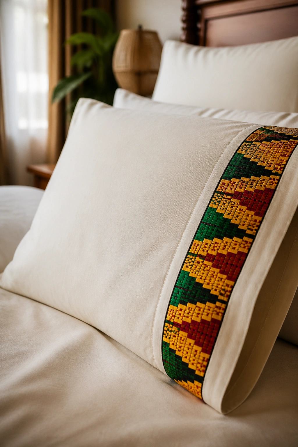 Close-up of a cream pillowcase with a kente trim on a bed in a cozy bedroom