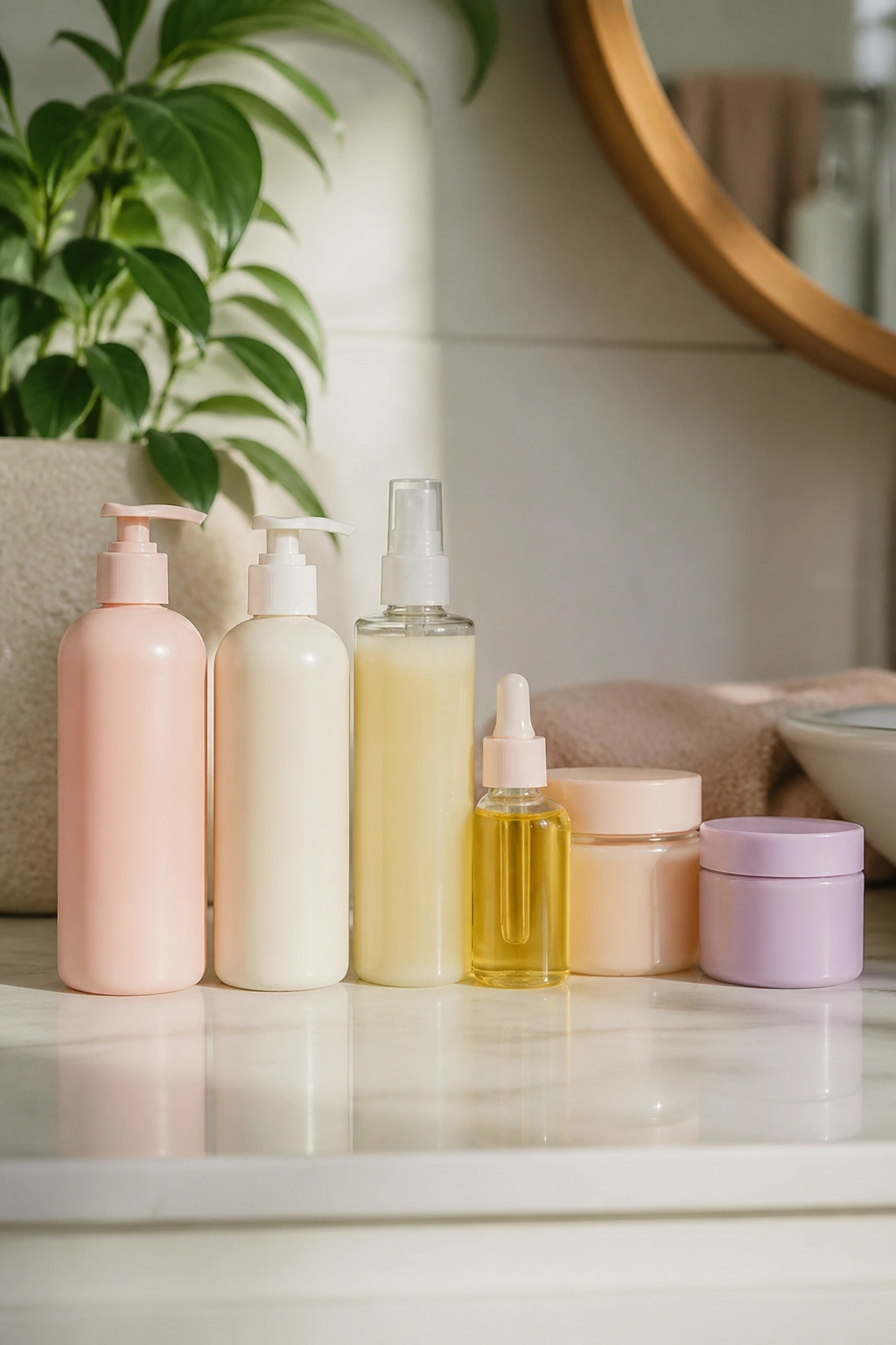 Row of gentle children's hair-care products on a counter