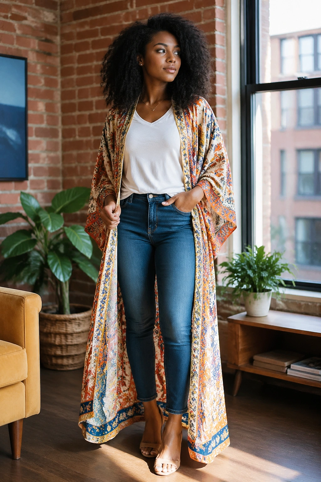 Woman wearing printed kimono over white tee and jeans in an urban apartment
