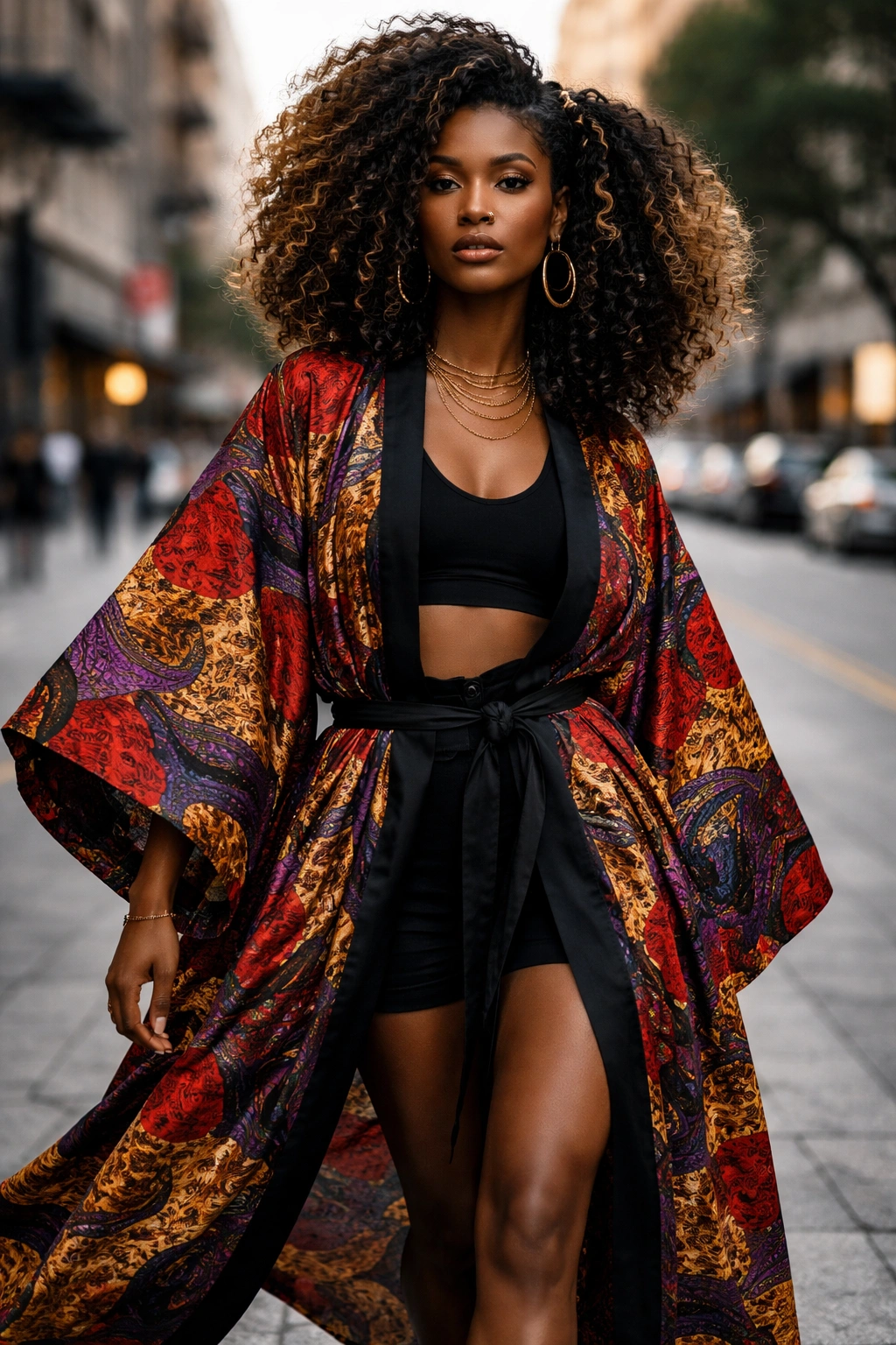 Real woman in oversized kimono robe dominating frame in urban setting