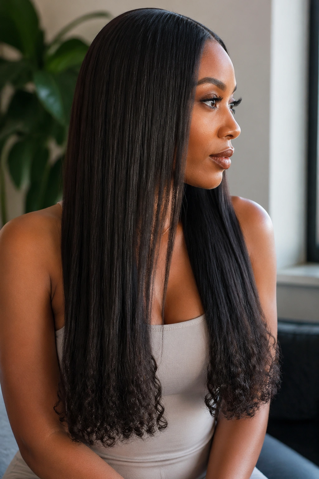 Close-up of a real woman with long silk-pressed hair and kinky coil ends