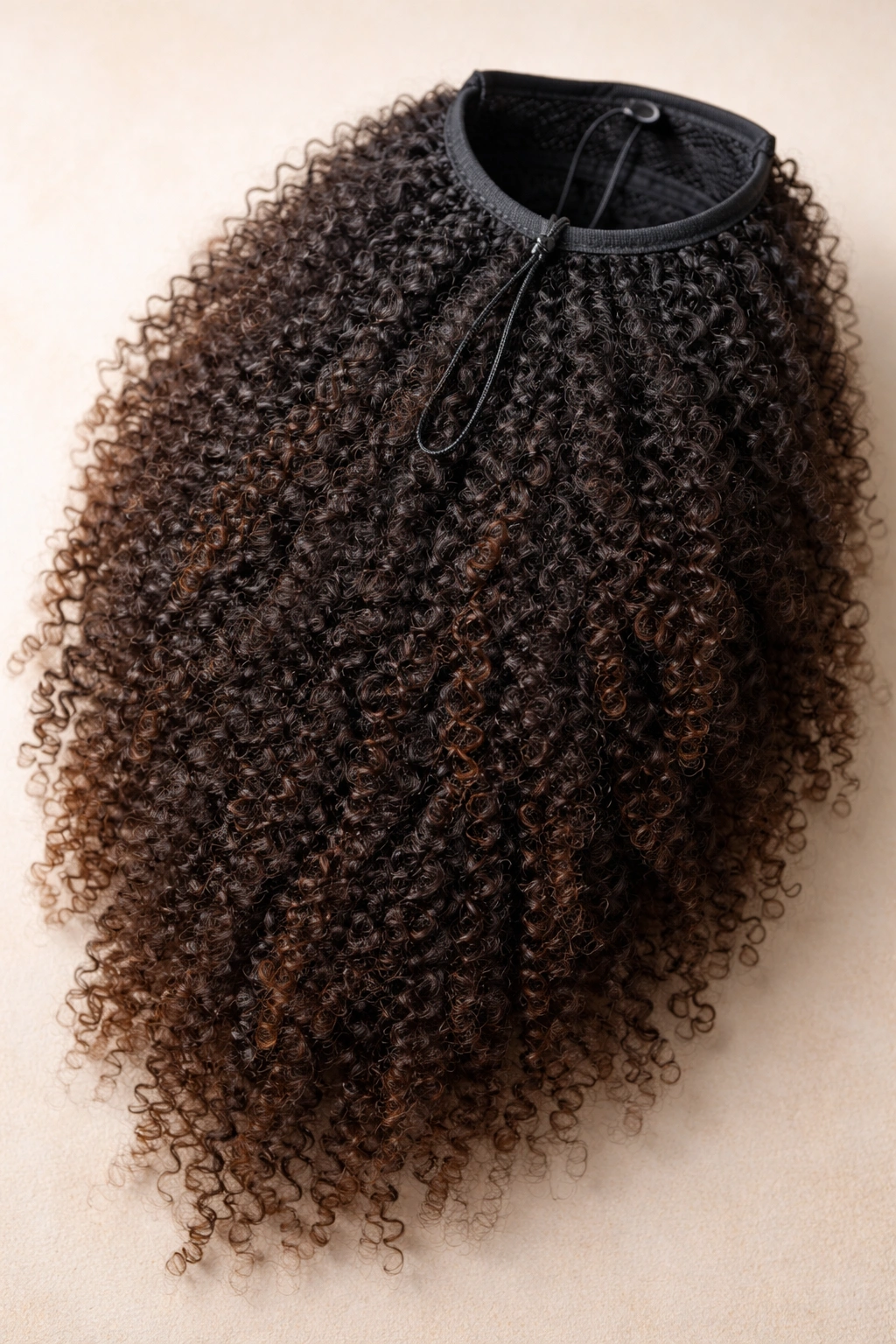 Close-up of kinky-coily drawstring ponytail extension blending with 4C texture