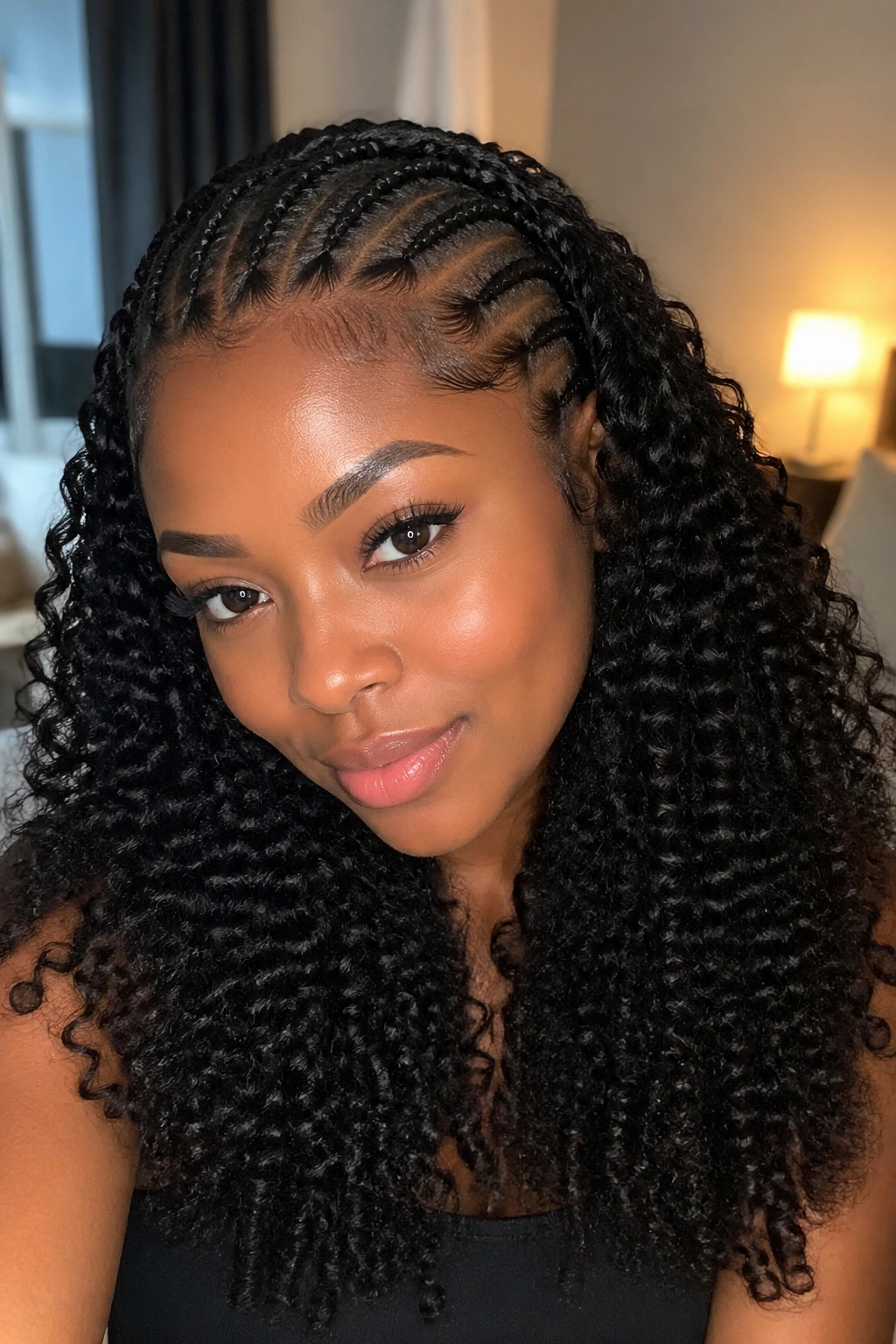 Close-up of real woman with kinky curl ends on feed-in cornrows, natural blend.